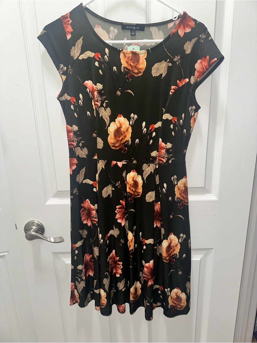 Nine West Black Floral Fit-and-Flare Dress with Gold and Rust Blooms
